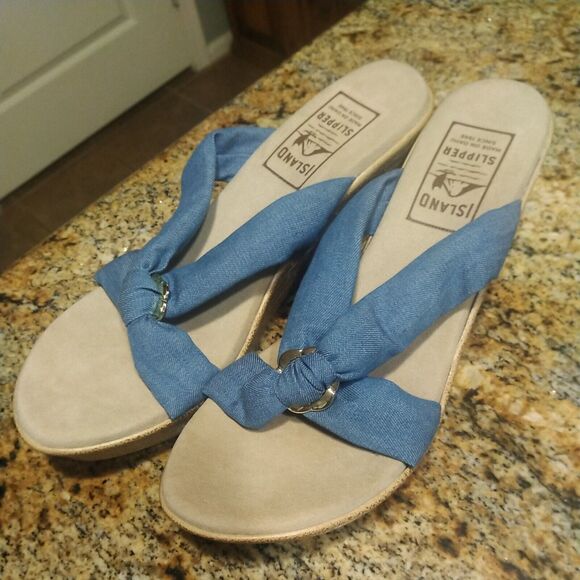 Women's Shoes US 11 Island Slipper Suade Thong Wedge Sandals Blue Fabric Slide - Picture 3 of 11